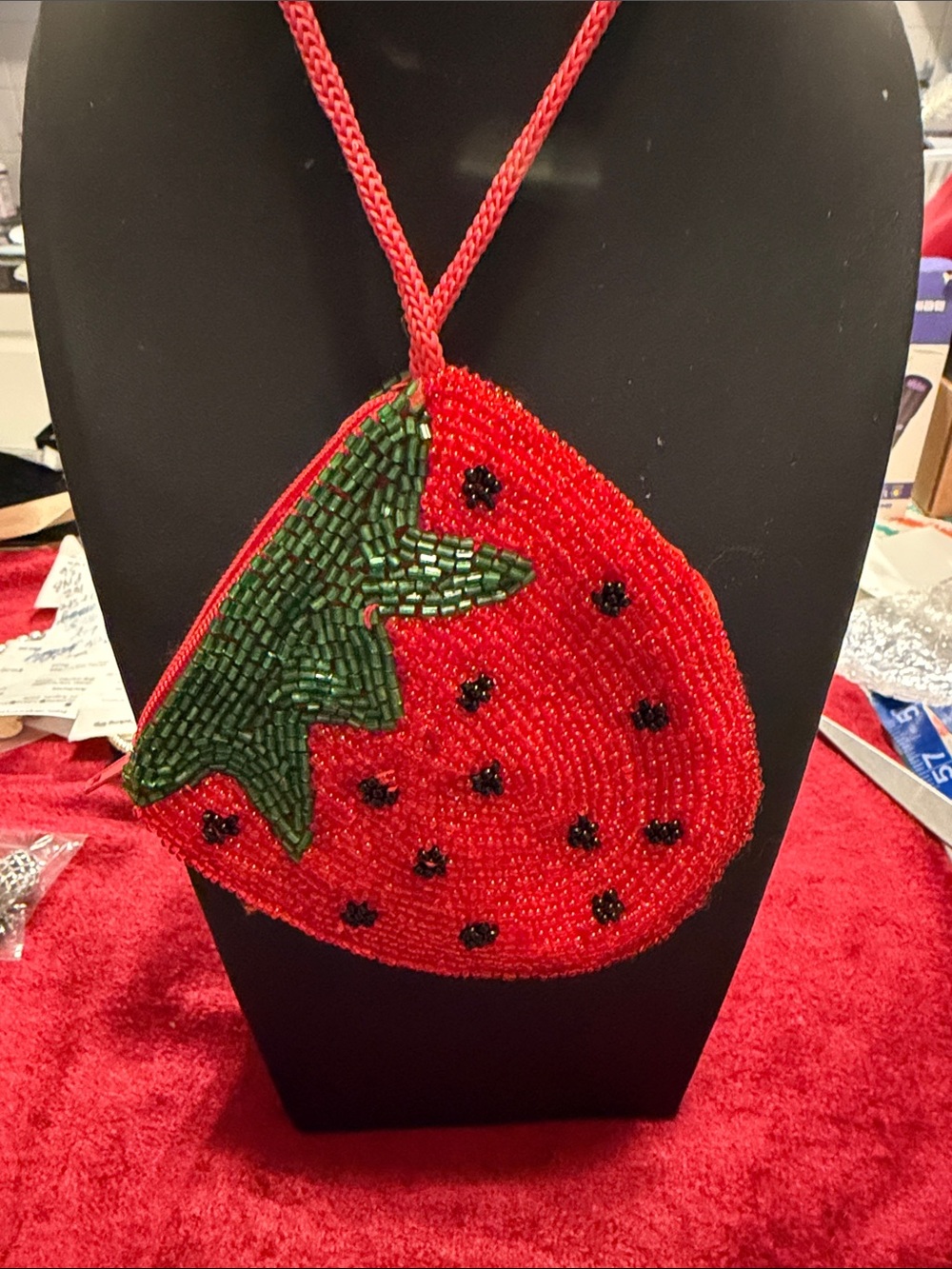 Beaded Strawberry change or card holder purse like new